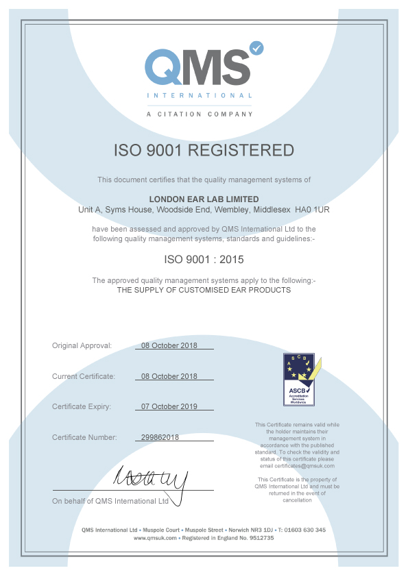 London Ear Labs - ISO Certificate