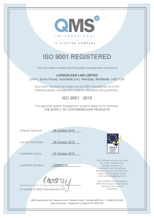 London Ear Labs - ISO Certificate London Ear Labs - ISO Certificate